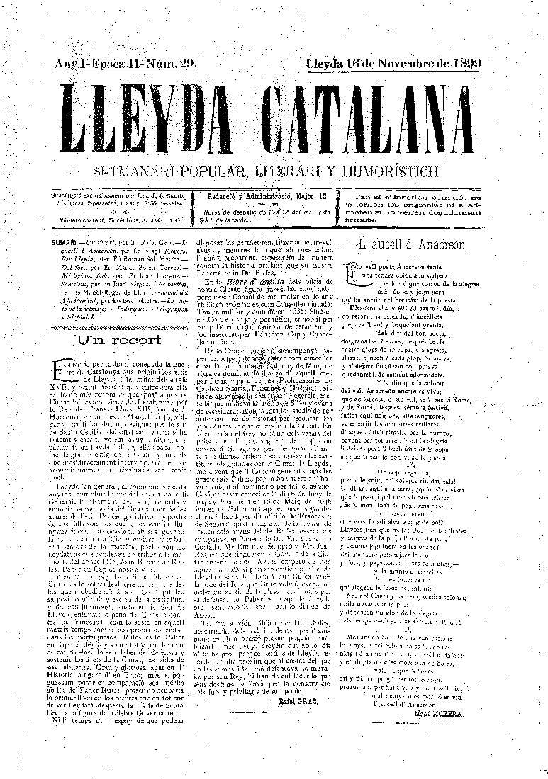 LLEYDA CATALANA, 16/11/1899 [Issue]