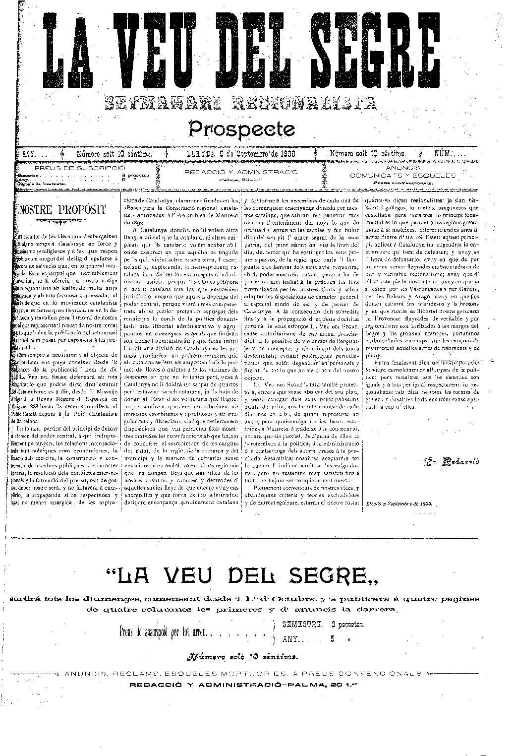 VEU DEL SEGRE, LA , 9/9/1899 [Issue]