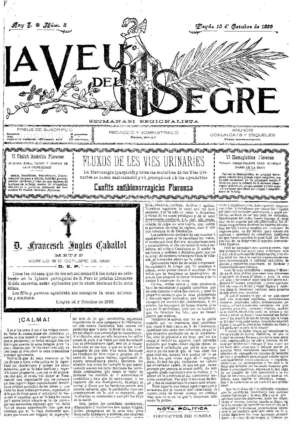 VEU DEL SEGRE, LA , 15/10/1899 [Issue]