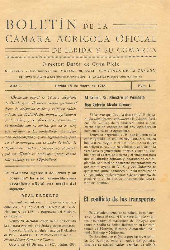 BOLETÍN DE LA CÁMARA AGRÍCOLA OFICIAL DE LÉRIDA Y SU COMARCA, 1/1/1918 [Ejemplar]