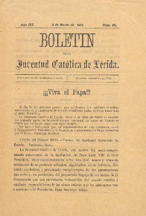 BOLETÍN DE LA JUVENTUD CATÓLICA DE LÉRIDA, 1/1/1884 [Issue]