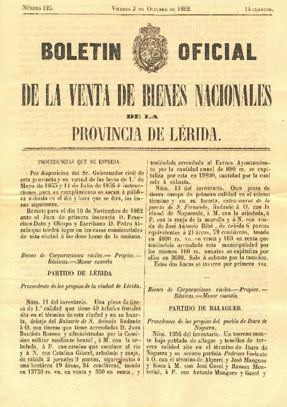 BOLETÍN OFICIAL DE LA VENTA DE BIENES NACIONALES DE LA PROVÍNCIA DE LÉRIDA, 1/1/1859 [Issue]