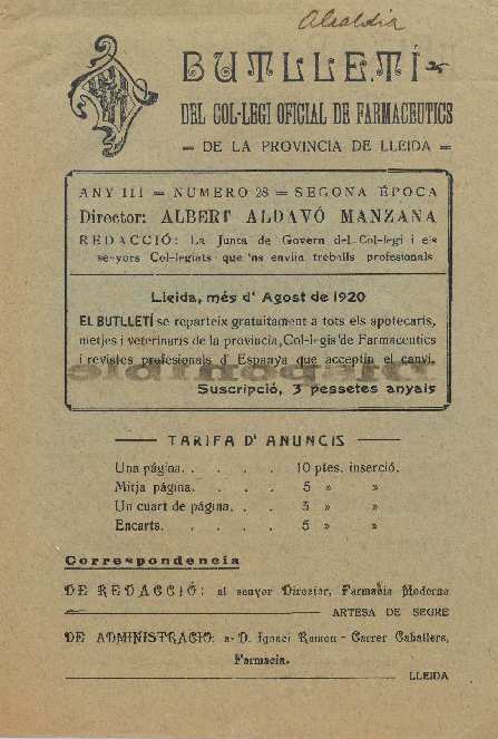 BUTLLETÍ DEL COL·LEGI OFICIAL DE FARMACÈUTICS DE LA PROVINCIA DE LLEIDA, 1/1/1920 [Issue]