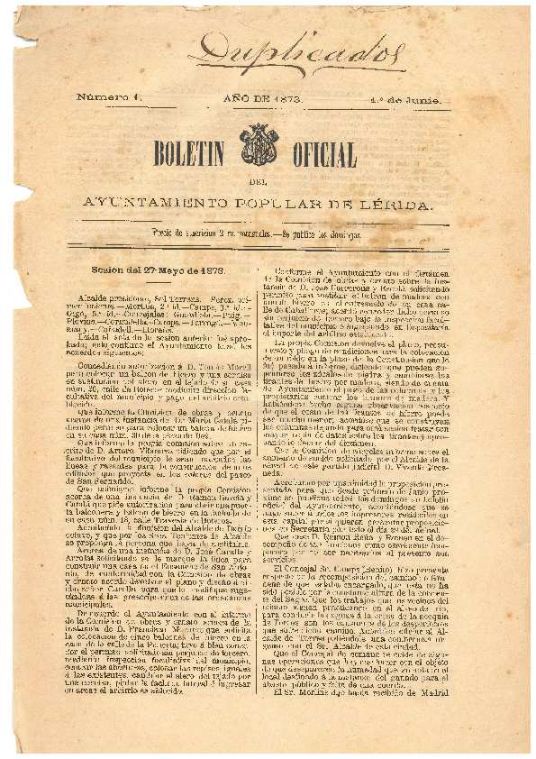 BOLETÍN OFICIAL DEL AYUNTAMIENTO POPULAR DE LÉRIDA, 1/6/1873, BOL_AYUNTAMIENTO POPULAR LERIDA [Issue]