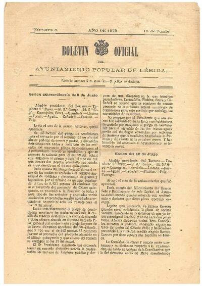 BOLETÍN OFICIAL DEL AYUNTAMIENTO POPULAR DE LÉRIDA, 15/6/1873 [Issue]