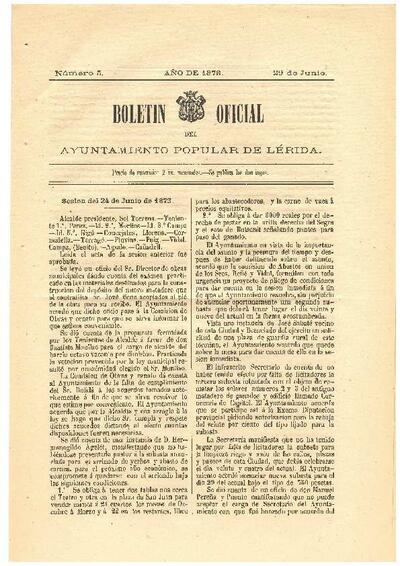 BOLETÍN OFICIAL DEL AYUNTAMIENTO POPULAR DE LÉRIDA, 29/6/1873 [Issue]