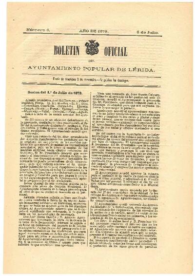 BOLETÍN OFICIAL DEL AYUNTAMIENTO POPULAR DE LÉRIDA, 6/7/1873 [Exemplar]