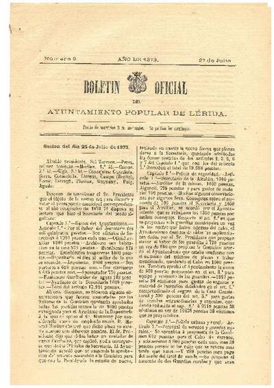 BOLETÍN OFICIAL DEL AYUNTAMIENTO POPULAR DE LÉRIDA, 27/7/1873 [Issue]