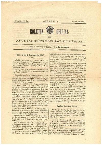 BOLETÍN OFICIAL DEL AYUNTAMIENTO POPULAR DE LÉRIDA, 8/6/1873, BOL_AYUNTAMIENTO POPULAR LERIDA [Issue]