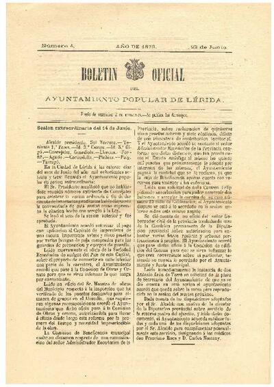 BOLETÍN OFICIAL DEL AYUNTAMIENTO POPULAR DE LÉRIDA, 22/6/1873 [Issue]