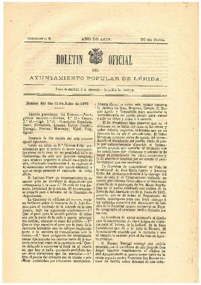 BOLETÍN OFICIAL DEL AYUNTAMIENTO POPULAR DE LÉRIDA, 20/7/1873 [Issue]