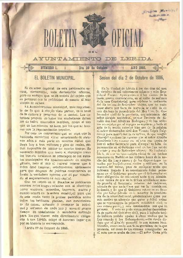 BOLETÍN OFICIAL DEL AYUNTAMIENTO DE LÉRIDA, 29/10/1886 [Issue]