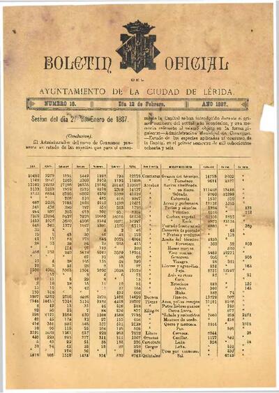 BOLETÍN OFICIAL DEL AYUNTAMIENTO DE LÉRIDA, 12/2/1887 [Issue]
