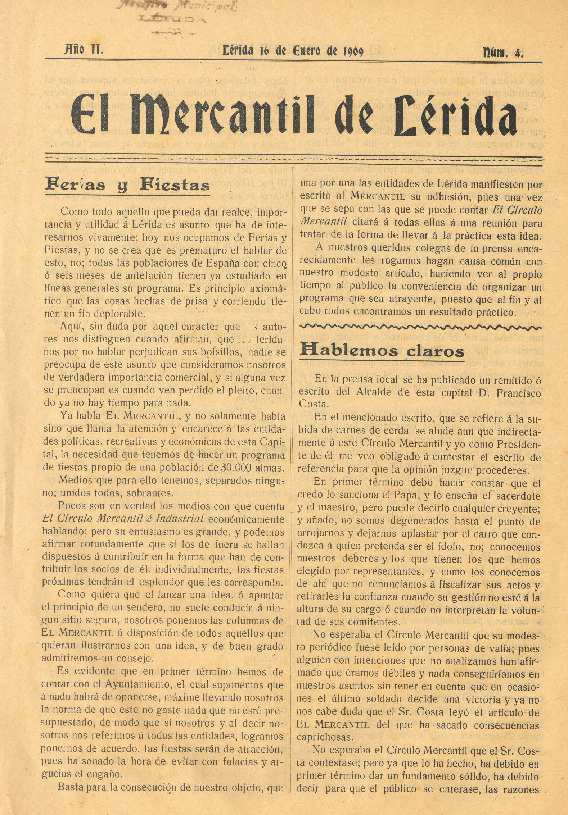 MERCANTIL DE LÉRIDA, EL, 1/1/1909 [Ejemplar]