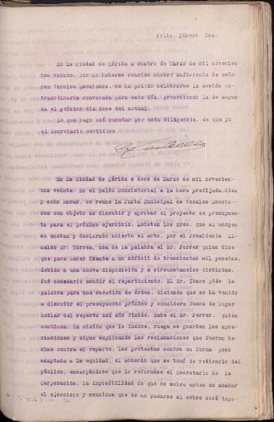 Actes de la Junta Municipal, 12/3/1920 [Minutes]