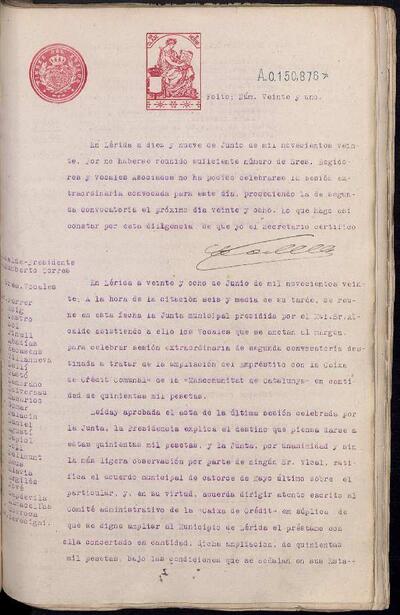 Actes de la Junta Municipal, 19/6/1920, DiligÃ¨ncia [Minutes]