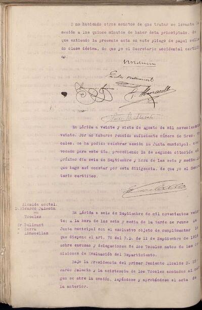 Actes de la Junta Municipal, 27/8/1920, DiligÃ¨ncia [Acta]