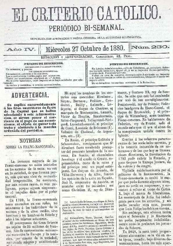 CRITERIO CATÓLICO, EL, 1/1/1880 [Issue]