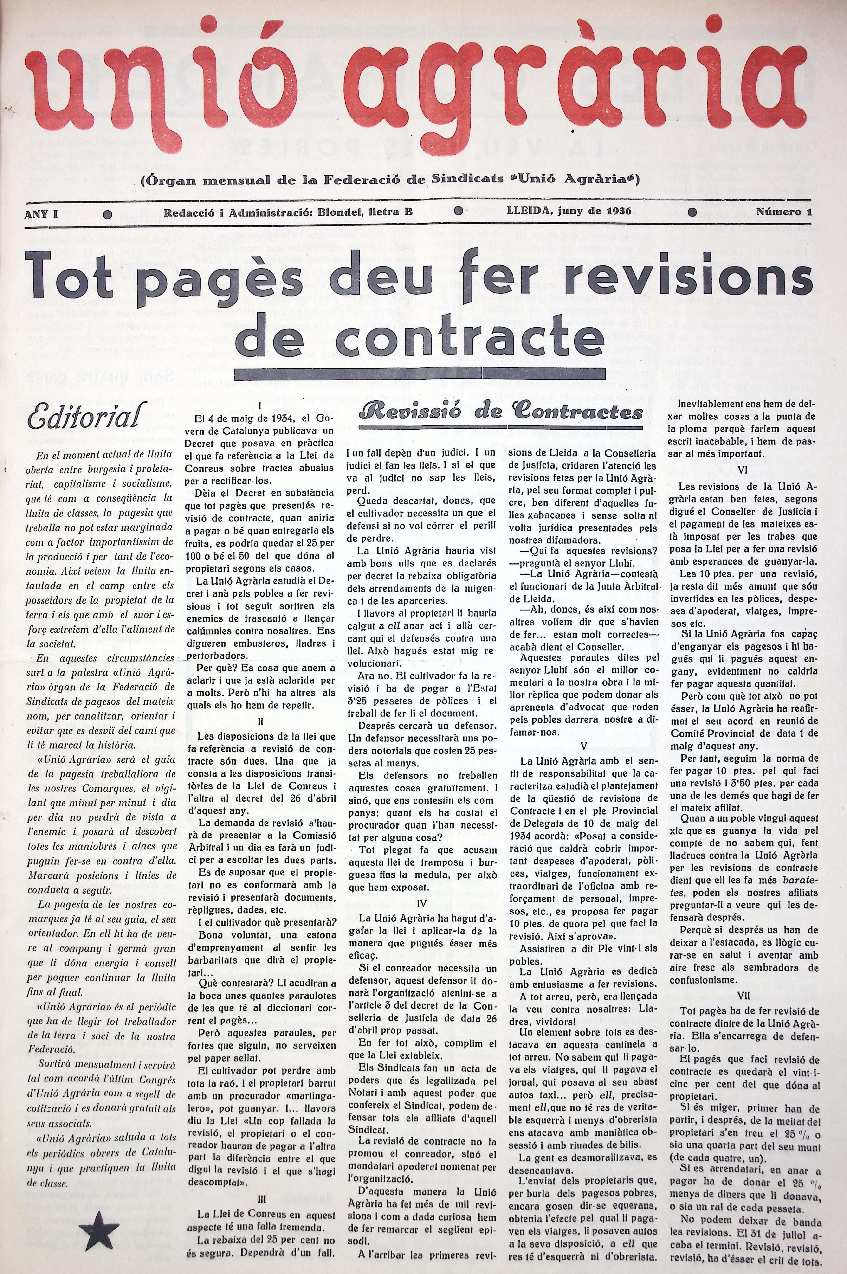 UNIÓ AGRÀRIA, 1/1/1936 [Ejemplar]