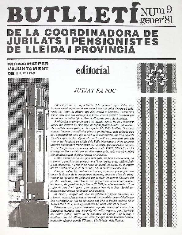 VEU (BUTLLETÍ) DE LA COORDINADORA DE JUBILATS I PENSIONISTES DE LLEIDA I PROVÍNCIA, LA, 1/1/1981 [Exemplar]