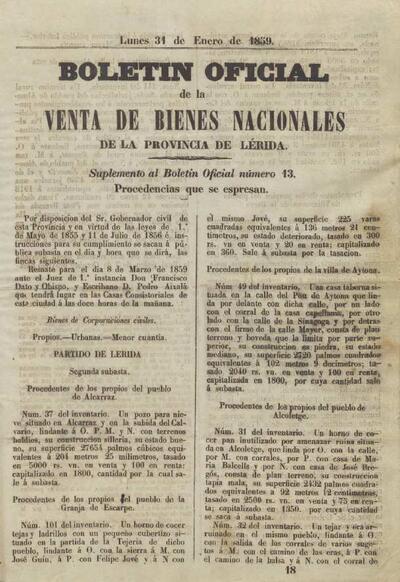 BOLETÍN OFICIAL DE LA VENTA DE BIENES NACIONALES DE LA PROVÍNCIA DE LÉRIDA, 31/1/1859 [Exemplar]