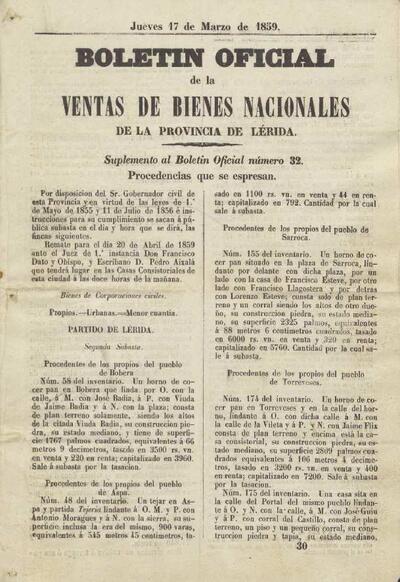 BOLETÍN OFICIAL DE LA VENTA DE BIENES NACIONALES DE LA PROVÍNCIA DE LÉRIDA, 17/3/1859 [Exemplar]