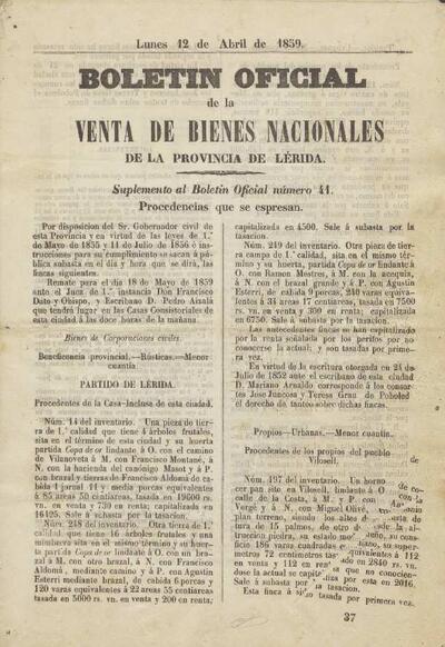 BOLETÍN OFICIAL DE LA VENTA DE BIENES NACIONALES DE LA PROVÍNCIA DE LÉRIDA, 12/4/1859 [Exemplar]