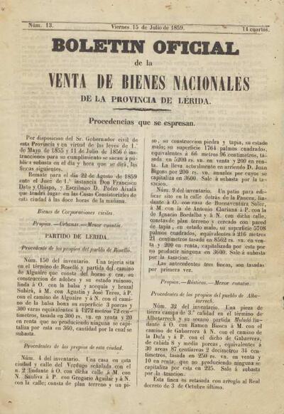 BOLETÍN OFICIAL DE LA VENTA DE BIENES NACIONALES DE LA PROVÍNCIA DE LÉRIDA, 15/7/1859 [Exemplar]