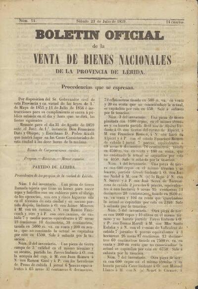 BOLETÍN OFICIAL DE LA VENTA DE BIENES NACIONALES DE LA PROVÍNCIA DE LÉRIDA, 23/7/1859 [Exemplar]