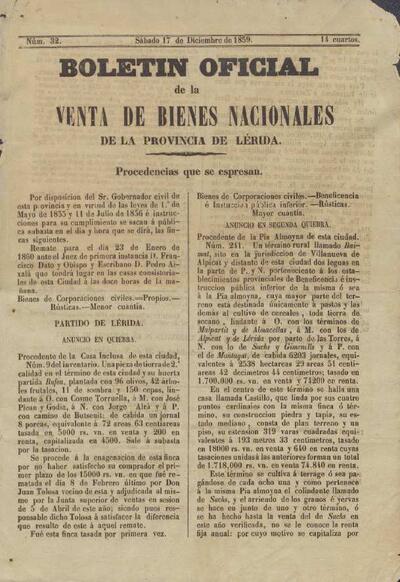 BOLETÍN OFICIAL DE LA VENTA DE BIENES NACIONALES DE LA PROVÍNCIA DE LÉRIDA, 17/12/1859 [Exemplar]