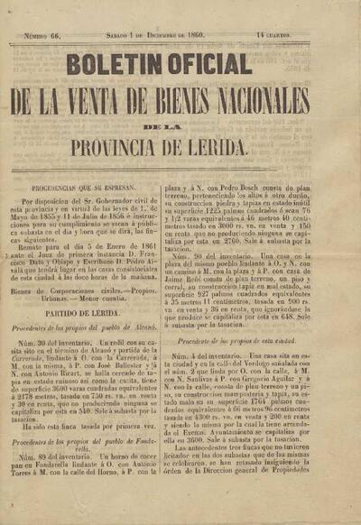 BOLETÍN OFICIAL DE LA VENTA DE BIENES NACIONALES DE LA PROVÍNCIA DE LÉRIDA, 1/12/1860 [Exemplar]