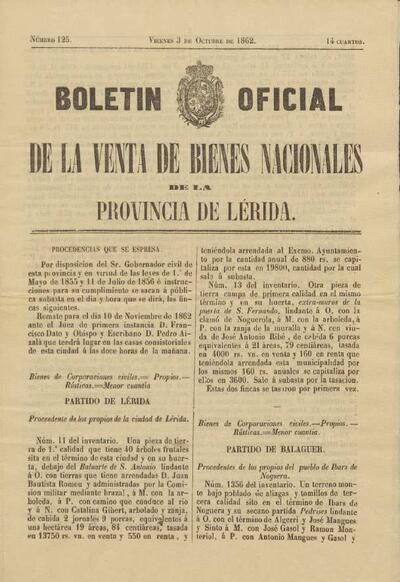 BOLETÍN OFICIAL DE LA VENTA DE BIENES NACIONALES DE LA PROVÍNCIA DE LÉRIDA, 3/10/1862 [Exemplar]